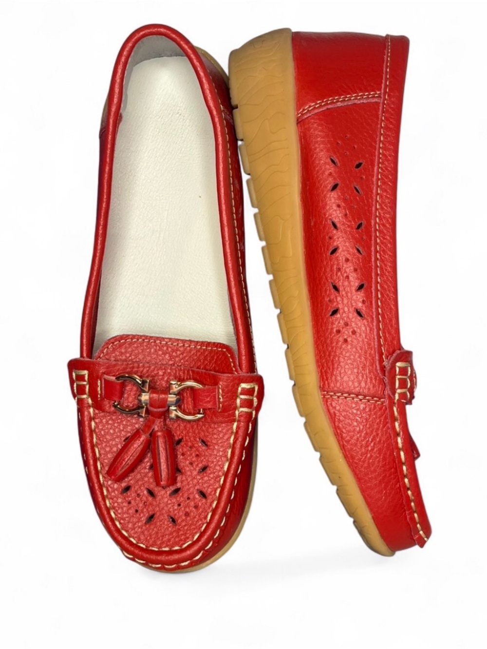 Women's 7 M Red Slip On Genuine Leather Oxford Penny Loafer Flat Shoes